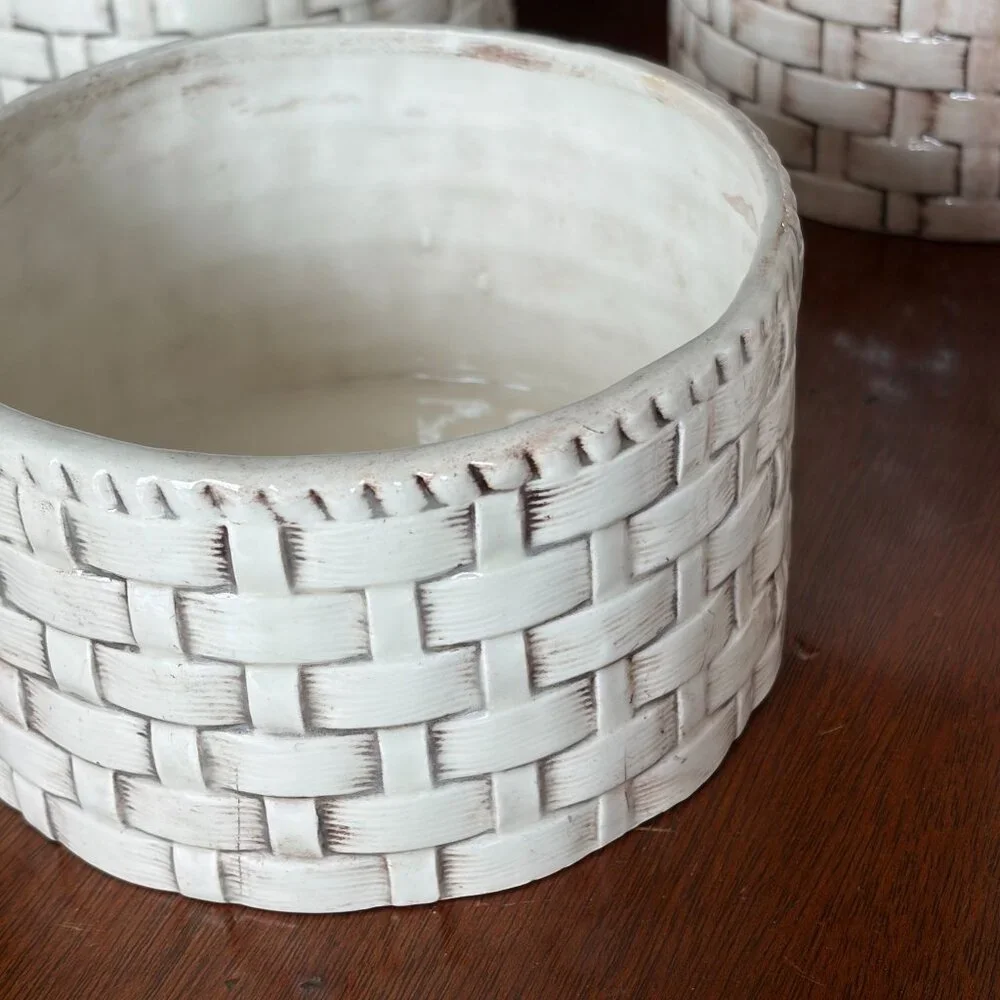 Vintage Set of 4 Faux Basket Weave Ceramic Planters Cachepots Farmhouse Rustic - Picture 4 of 11